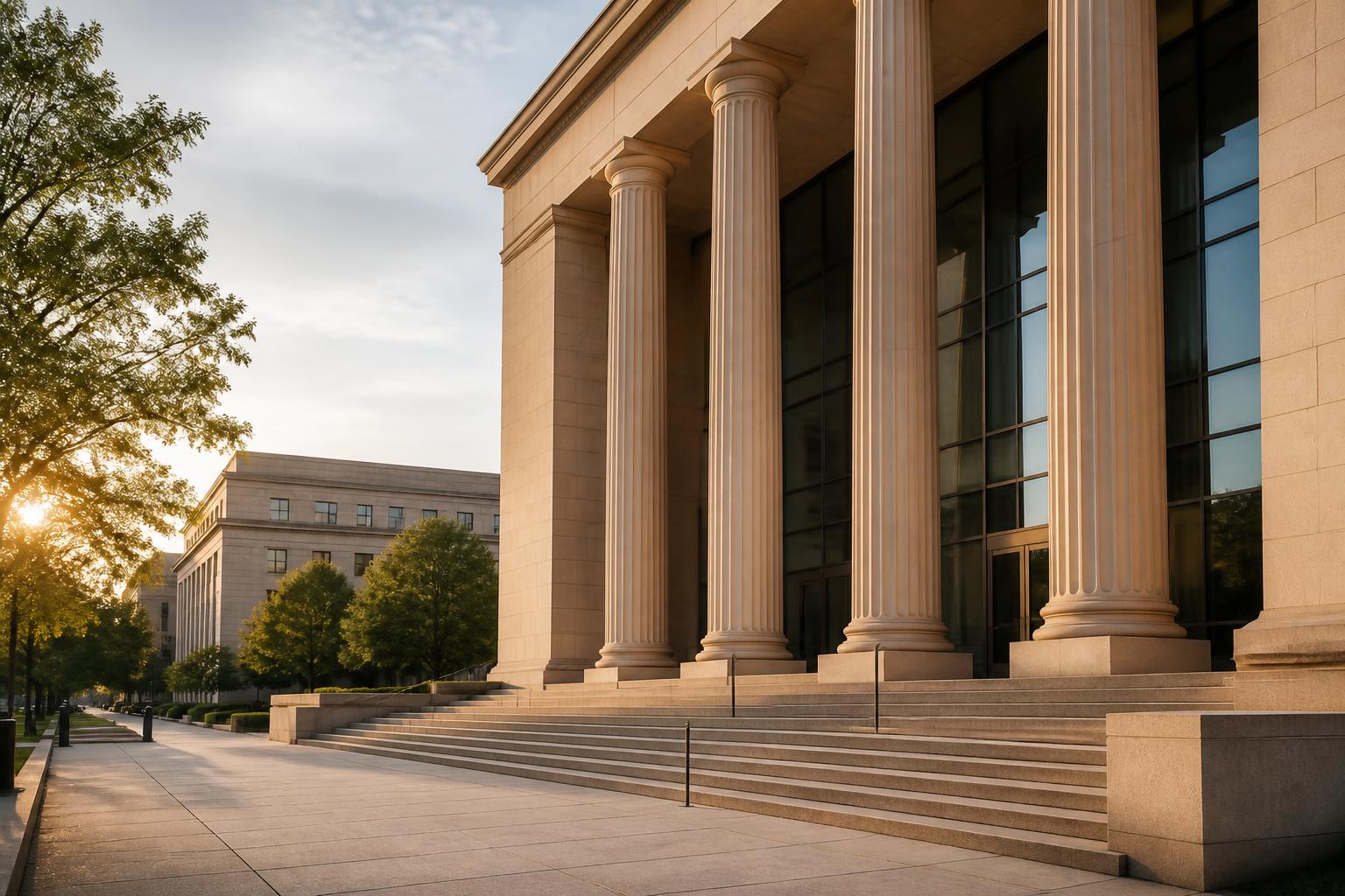 Modern courthouse exterior with clean architectural lines and natural light.