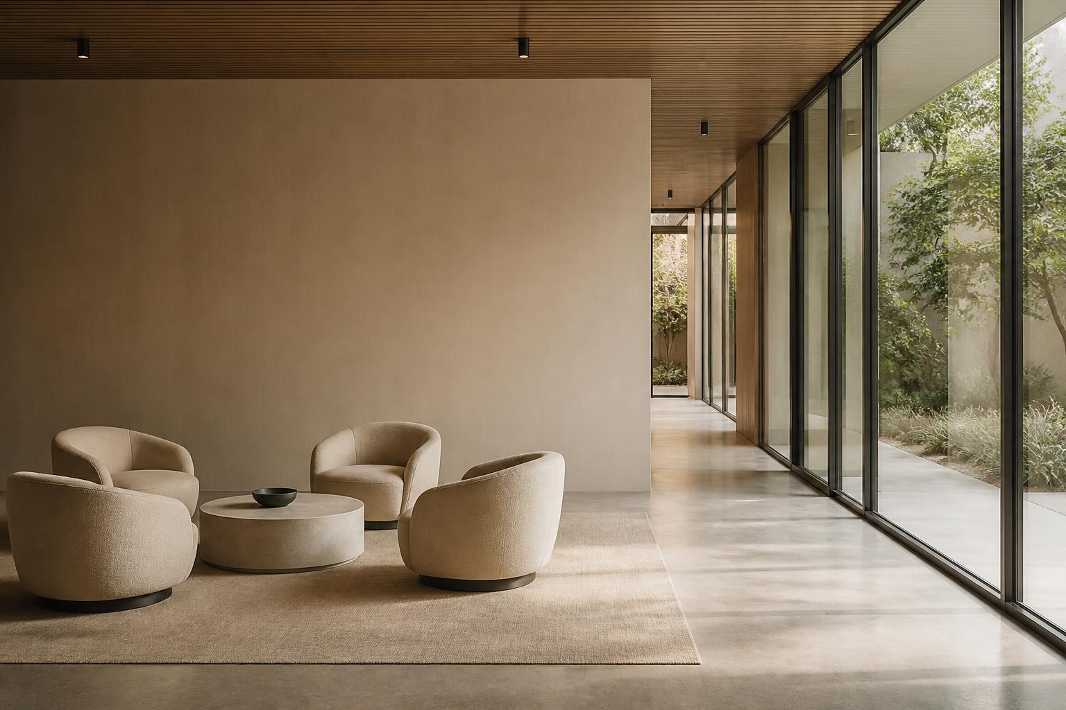 Modern meeting room with open space and calm neutral lighting.