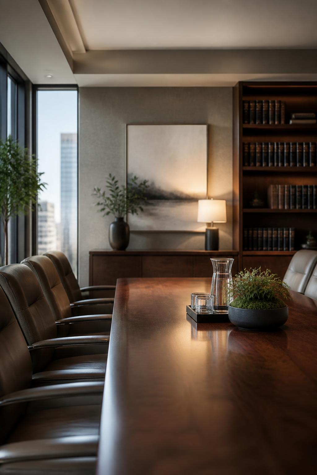 Modern law office conference room with calm neutral tones and natural light.